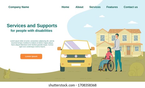 Helping People with Disability to Live Everyday Life. Minibus Coming for Woman in Wheelchair, Professional Worker Helping Her with Boarding. Service and Support Company. Landing Page with Copy Space.