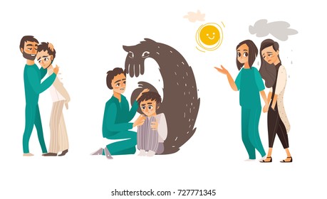 Helping people with mental disorder - calming down, soothing, showing way out, physiological, medical assistance, flat cartoon vector illustration isolated on white background. Mental disorders