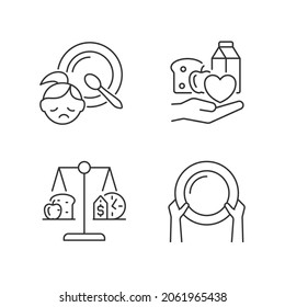 Helping people in need linear icons set. Food donation. Poverty and hunger. Nutrition stability. Customizable thin line contour symbols. Isolated vector outline illustrations. Editable stroke