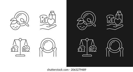 Helping people in need linear icons set for dark and light mode. Food donation and charity. Poverty and hunger. Customizable thin line symbols. Isolated vector outline illustrations. Editable stroke