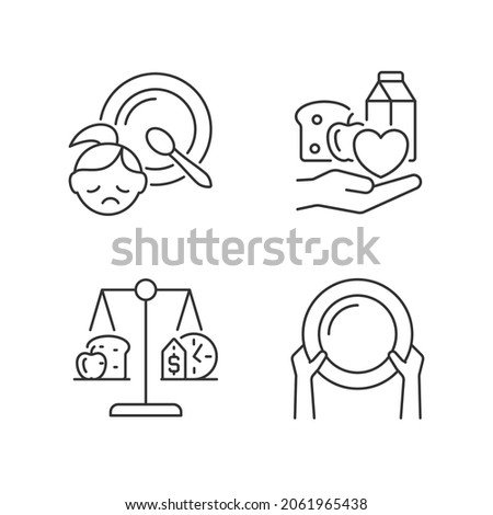 Helping people in need linear icons set. Food donation. Poverty and hunger. Nutrition stability. Customizable thin line contour symbols. Isolated vector outline illustrations. Editable stroke [[stock_photo]] © 