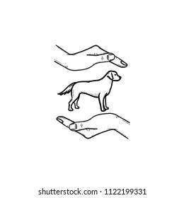 Helping pet hand drawn outline doodle icon. Dog with human arms around as pets carrying concept. Vector sketch illustration for print, web, mobile and infographics on white background.