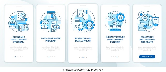 Helping programs for small business blue onboarding mobile app screen. Walkthrough 5 steps graphic instructions pages with linear concepts. UI, UX, GUI template. Myriad Pro-Bold, Regular fonts used