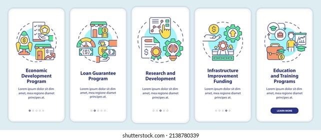 Helping programs for small business onboarding mobile app screen. Walkthrough 5 steps graphic instructions pages with linear concepts. UI, UX, GUI template. Myriad Pro-Bold, Regular fonts used