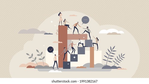 Helping to reach goal as teamwork power with partners tiny person concept. Common target collaboration with business partnership strategy vector illustration. Support, motivation and giving hand scene