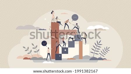 Helping to reach goal as teamwork power with partners tiny person concept. Common target collaboration with business partnership strategy vector illustration. Support, motivation and giving hand scene