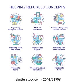 Helping Flüchtlingen Konzept-Symbole gesetzt. Die internationale Hilfe für Asylsuchende bietet eine feine Illustration in den Farben. Isolierte Symbole. Bearbeitbarer Strich. Verwendung von Roboter-Medium, Myriad Pro-Fett-Schriftarten