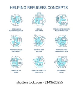 Unterstützung der Flüchtlinge türkisfarbene Konzept-Symbole gesetzt. Die internationale Hilfe für Asylsuchende bietet eine feine Illustration in den Farben. Isolierte Symbole. Bearbeitbarer Strich. Verwendung von Roboter-Medium, Myriad Pro-Fett-Schriftarten