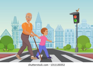 Helping Senior Old Man. Little Boy Helps An Old Man To Cross The Road In City Vector Illustration.