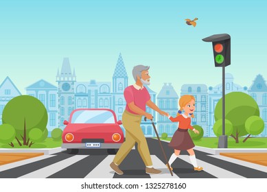 Helping Senior Old Man. Little Girl Kid Helps An Old Man To Cross The Road In City Vector Illustration.