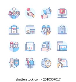 Helping the sick - colorful line design style icon set. Different types of assistance. Charity and donation, volunteering concept. Precautions, medical assistance, medicines, caring for the elderly