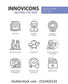 Helping the sick - line design style icons set with editable stroke. Medical clown, equipment, rehabilitation, donation, psychological support, educational program, drug therapy and health care idea