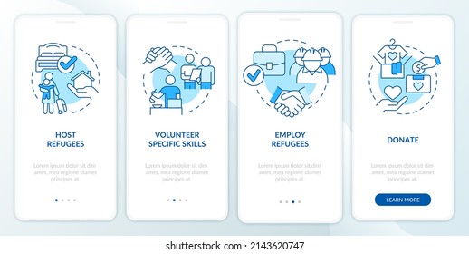 Helping and supporting refugees blue onboarding mobile app screen. Walkthrough 4 steps graphic instructions pages with linear concepts. UI, UX, GUI template. Myriad Pro-Bold, Regular fonts used