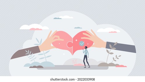 Helping together and care as connected two heart pieces tiny person concept. Romantic gesture and feelings bonding as sharing partner love vector illustration. Unity and harmony for all community.