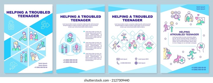 Helping troubled teenager blue brochure template. Warning signs. Leaflet design with linear icons. 4 vector layouts for presentation, annual reports. Arial-Black, Myriad Pro-Regular fonts used