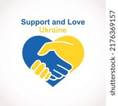 Helping Ukraine hand concept. Gesture, sign of help and hope logo. Two hands taking each other with heart, blue yellow flag colors. Support ukrainian refugees. Vector illustration.