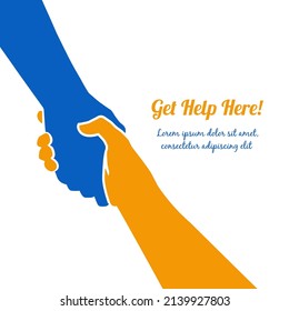 Helping Ukraine hand concept. Gesture, sign of help and hope logo. Two hands taking each other, blue yellow flag colors. Support ukrainian refugees. Vector illustration.