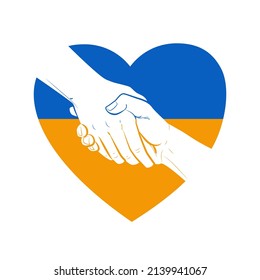 Helping Ukraine hand concept. Gesture, sign of help and hope logo. Two hands taking each other with heart, blue yellow flag colors. Support ukrainian refugees. Vector illustration.