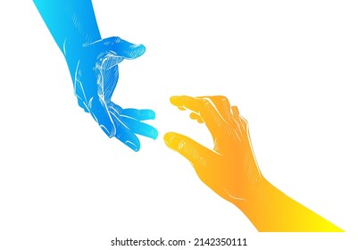 Helping Ukraine hand concept. Gesture, sign of help and hope logo. Two hands taking each other, blue yellow flag colors. Support ukrainian refugees. Vector illustration.