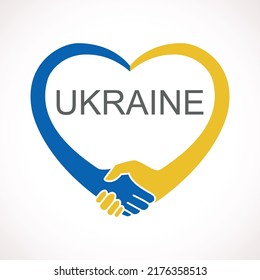 Helping Ukraine hand concept. Gesture, sign of help and hope logo. Two hands taking each other with heart, blue yellow flag colors. Support ukrainian refugees. Vector illustration.