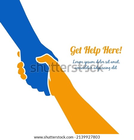 Helping Ukraine hand concept. Gesture, sign of help and hope logo. Two hands taking each other, blue yellow flag colors. Support ukrainian refugees. Vector illustration.