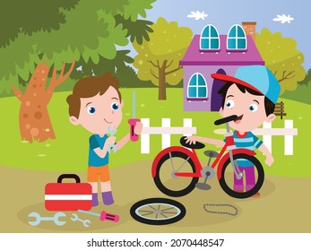 Helping vector concept. Little boy carrying wrench and screwdriver while helping his friend to repairing a wheel of bicycle