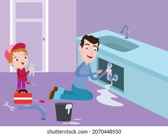 Helping vector concept. Little boy helping his father to fixing a leaky sink while quality time together at home