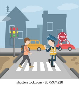 Helping worker, the policeman helps worker to cross the road in city vector colorful illustration.