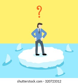 Helpless businessman stand alone on a small ice land which surrounded by sharks swimming in the sea