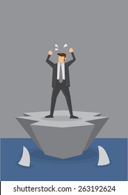 Helpless businessman stranded on a tiny island surrounded by sharks swimming in the sea. Concept vector illustration for being alone and helpless amidst lurking dangers.