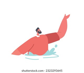 Helpless And Desperate, Drowning Man Character Fights Against The Unforgiving Water, Struggling To Keep His Head Above