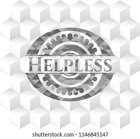Helpless grey emblem. Retro with geometric cube white background