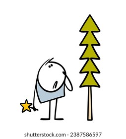 Helpless little boy holds holiday decorations and looks upset at a tall Christmas tree. Vector illustration of very sad child can not decorate the top of a tree. Isolated on white background.