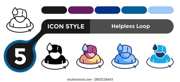 Helpless Loop icon for representing repeated helpless patterns, reinforcing cycles, and passive behavioral loops. Line, Filled, Color style.