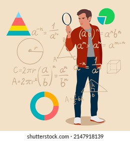 Helpless man is looking through magnifying glasses to mathematical formulas and problems.