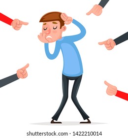 Helpless scared male victim harassment pointing fingers fear pain character isolated cartoon design vector illustration