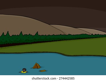 Helpless stranded boater sinking in wilderness lake