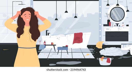 Helpless Unhappy Woman With Scared Face Looking At Mess And Flood In Dirty Bathroom Vector Illustration. Cartoon Portrait Of Character Surprised By Chaos At Home Background. Chores, Hardship Concept