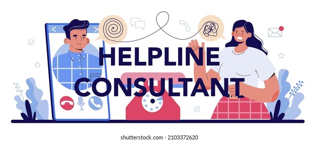 Helpline consultant typographic header. Support operator wearing headsets. Operator consult clients on phone, providing customer with valuable information. Flat vector illustration