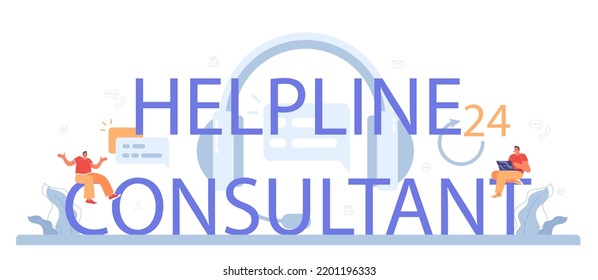 Helpline consultant typographic header. Support operator wearing headsets, talking to a person. Operator providing people with valuable information. Flat vector illustration
