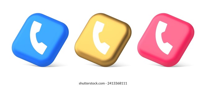 Helpline hotline call center phone handset squared button 3d realistic blue gold and pink icons. Customer support service navigation panel badge emergency telephone voice communication