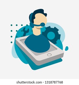 Operador de línea de ayuda con auriculares consultando a un cliente. Asistencia tecnológica global en línea las 24 horas del día.Concepto de apoyo técnico. Concepto de servicio al cliente en línea. Ilustración vectorial. Estilo plano