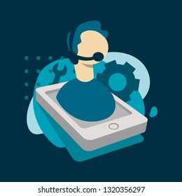 Helpline operator with headset consulting a client. Online global tech support 24/7. Technical support concept. Online customer service concept. Vector illustration in flat design. Dark Background