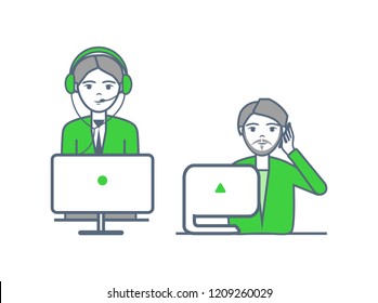 Helpline operators of center receive calls vector. Support non stop poster male and female at computers. Telemarketer representatives answer questions