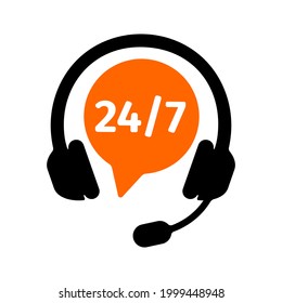 Helpline symbol with headphones and round the clock numbers isolated on white background. Costumer service icon. Call center sign. Client support concept. Vector flat illustration.