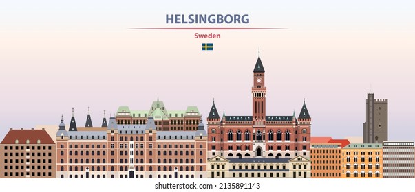 Helsingborg cityscape on sunset sky background vector illustration with country and city name and with flag of Sweden