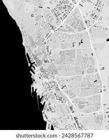 Karte von Helsingborg, Schweden. Graustufen-Farbe Stadtplan, Vektor-Straßenkarte mit Straßen und Flüssen.