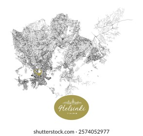 Helsinki capital city of Finland,Urban Streets Roads Map with city center location pin, illustration vector element image 