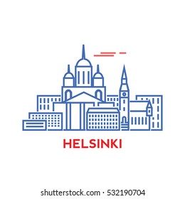Helsinki city architecture retro vector illustration, skyline city silhouette, skyscraper.