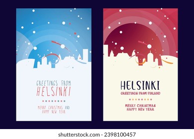 Helsinki city poster with Christmas skyline, cityscape, landmarks. Winter Finland capital town holiday, New Year vertical vector layout for brochure, website, flyer, leaflet, card